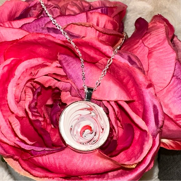 Hand painted Abstract Acrylic fluid art round bezel pendant necklace red white - Picture 2 of 8